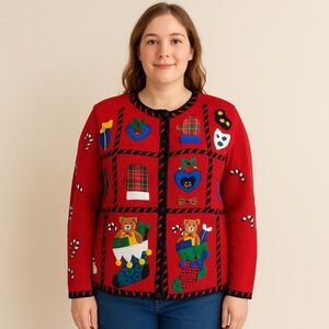 Vintage 90s Designers Originals Christmas Sweater L Red Bears‎ Mittens Stockings